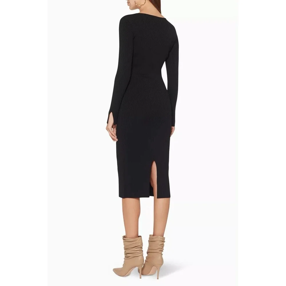 Jonathan Simkhai V-Neck Ribbed Stretchy Black Midi Dress Long Sleeve Cocktail - Picture 3 of 16